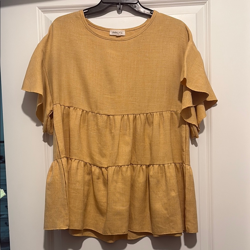 Gold Short Sleeve Ruffled Tiered Blouse